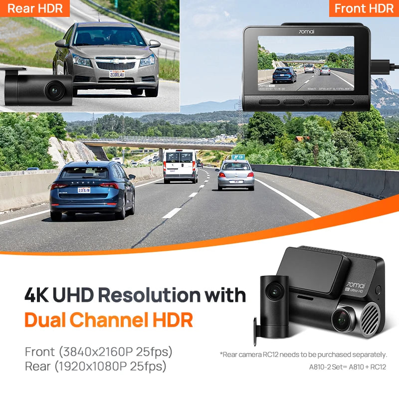 70mai 4K Dash Cam A810 Ultra HD Built-in GPS ADAS Auto Record 150FOV Motion Detection 70mai A810 4G Car DVR Support Rear Cam