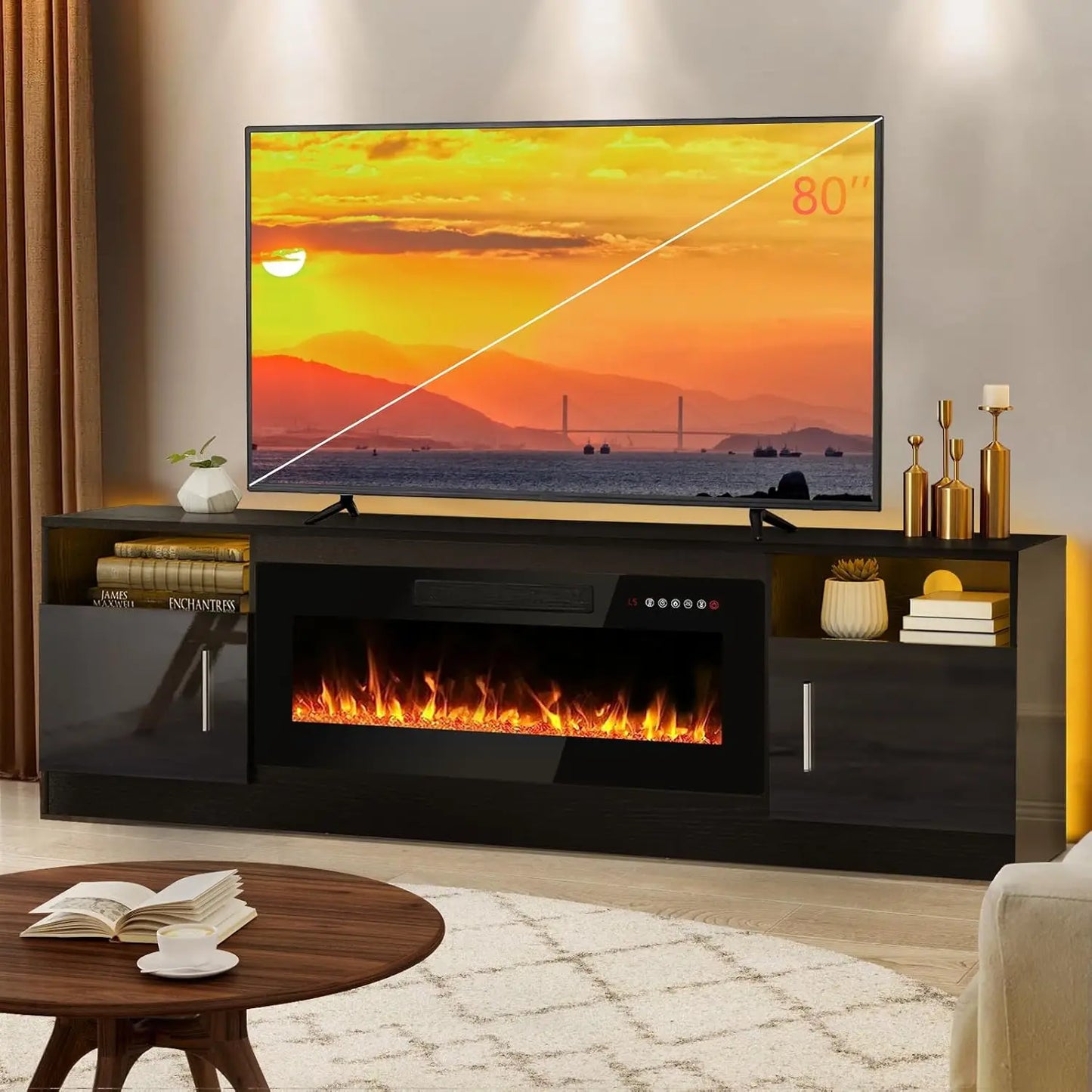 Fireplace tv Stand with 36 inch Fireplace Up to 80" TVs,LED Light Entertainment Center and Storage, 70" Modern Wood Media TV