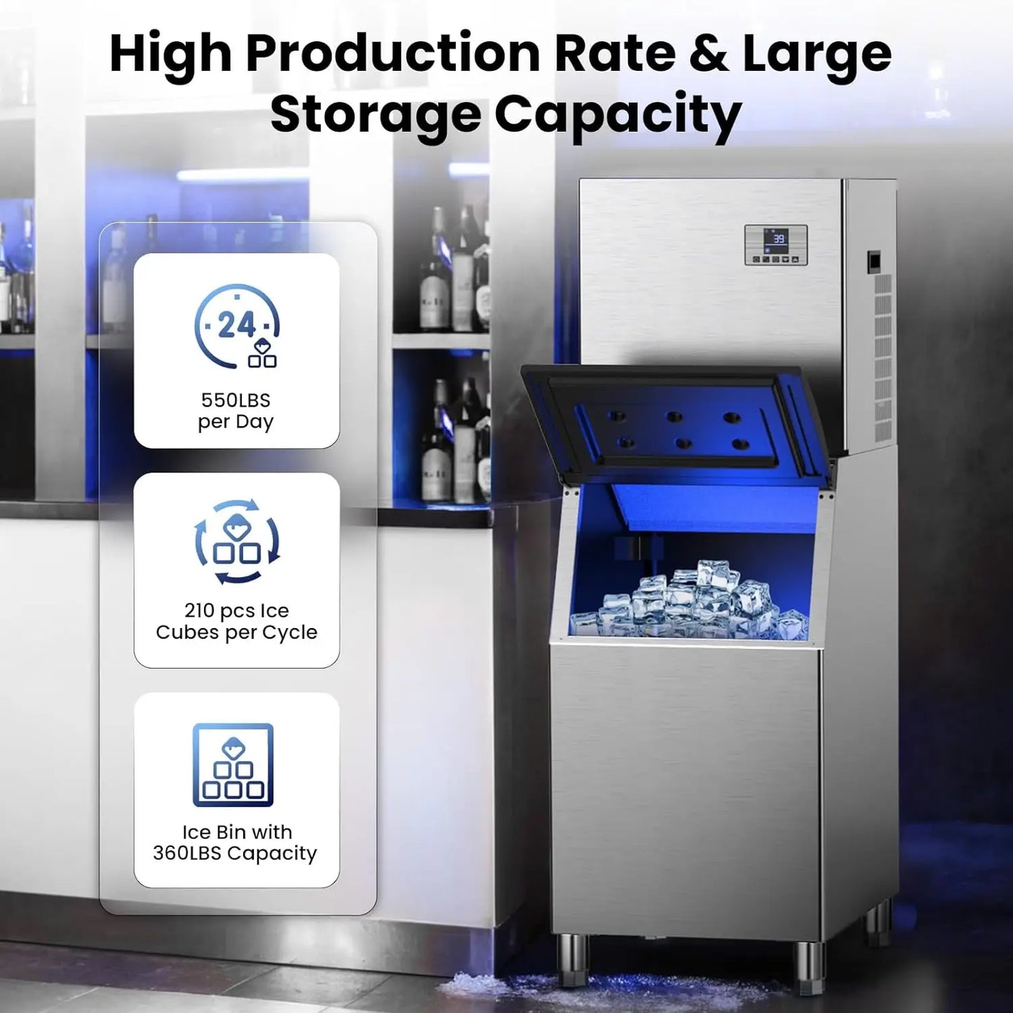 Commercial Ice Maker Machine 550lb/24H Stainless Steel Ice Machine 360lbs Ice Storage Capacity Freestanding Industrial Ice Maker