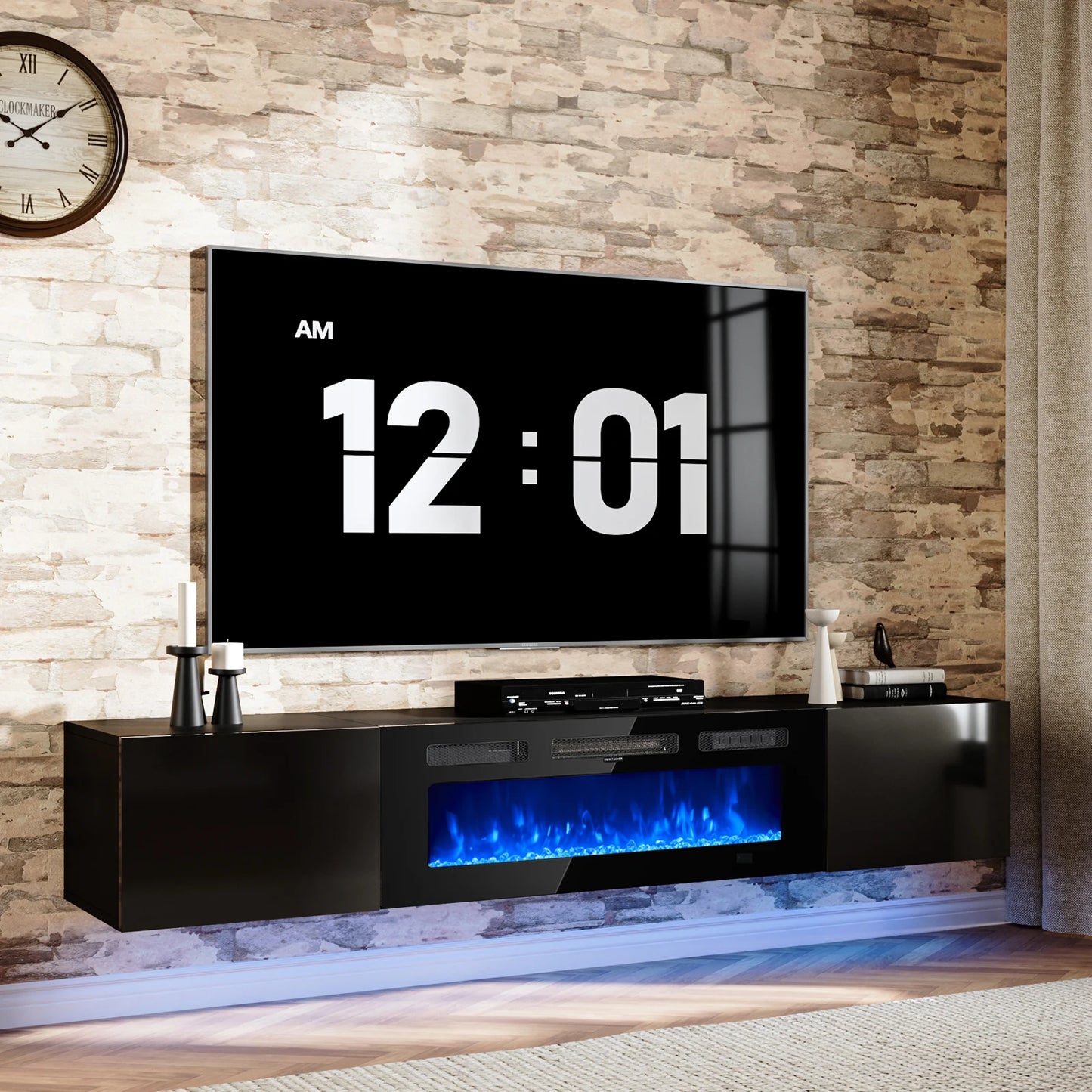 Floating TV Stand with 36" Electric Fireplace,Wall Mounted Fireplace Entertainment Center,70" TV Console with Fireplace