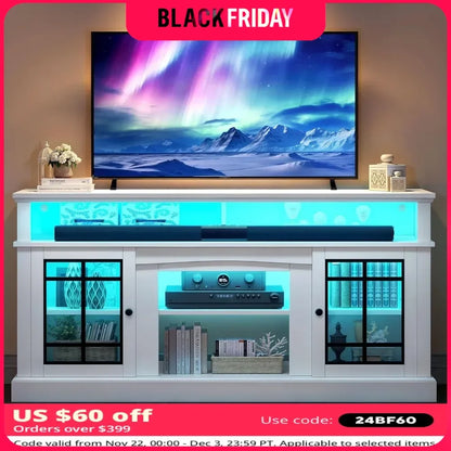 TV Stand for 75/65 Inch TVs with Adjustable Shelves and Glass Doors, Modern Entertainment Center TV Media Console Table