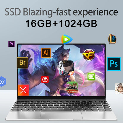 14.1 inch portable laptop Intel N3700 16GB RAM+1024GB ROM Narrow Bezel Screen PC Windows 11 Office Entertainment Laptop