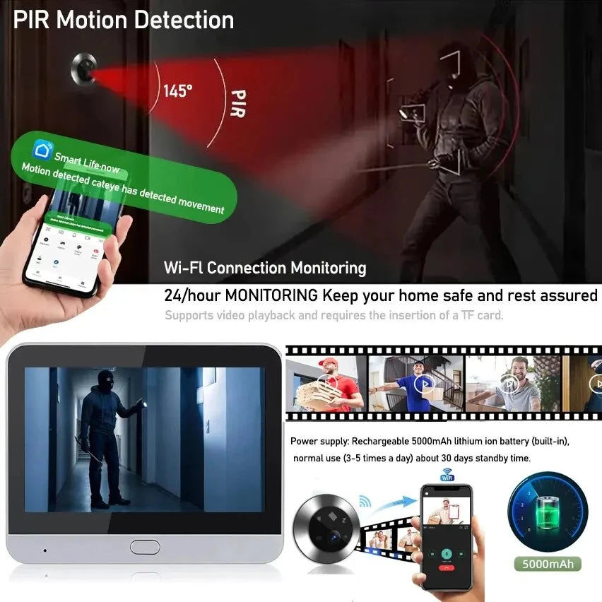 4.3 Inch Tuya Wide Angle Door Peephole Camera One Way Intercom Video Eye Motion Detection Wifi Doorbell Camera 5000mAh Battery