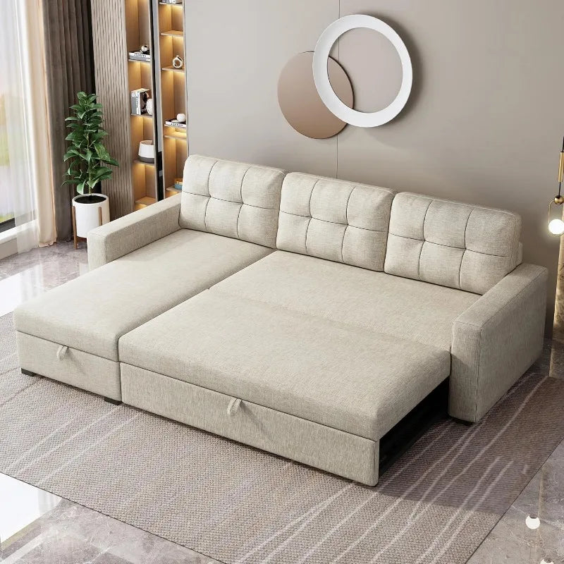 81.5" Sectional Sleeper Sofa with Storage Chaise, L Shaped Pull Out Couch Bed with 3 Removable Back Cushion for Living Room, Apa