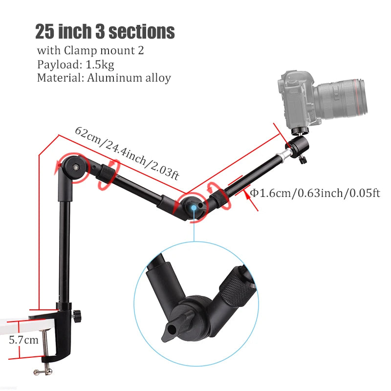 BFOLLOW Articulated Magic Arm 25" 32" Clamp Mount for DSLR Camera Camcorder Overhead Video Shooting Webcam Tablet Phone Bracket