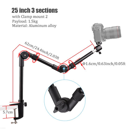 BFOLLOW Articulated Magic Arm 25" 32" Clamp Mount for DSLR Camera Camcorder Overhead Video Shooting Webcam Tablet Phone Bracket