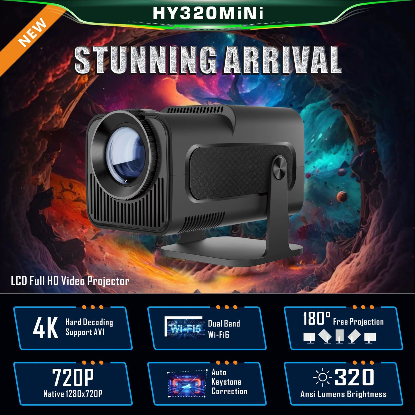 HY320Mini 720P Android 11 4K Home Projector 320ANSI Dual band Wifi6 Wireless 5.0 Cinema Outdoor Portable 180 ° Rotating Projecto