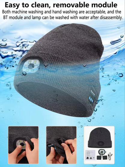 Bluetooth Beanie Hat with Light, Headlamp Cap with Headphones and Built-in Speaker Mic, Gifts for Men Women Teen