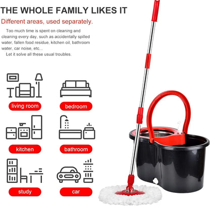 360° Spin Mop Bucket Sets with Wring System in 3 Microfiber Heads, Stainless Steel Basket 61" Extended Handle Floor Cleaning