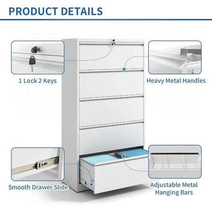 5 Drawer Lateral File Cabinet with Lock, File Cabinets for Home Office Legal/Letter A4 Size, File Cabinet with 5 Drawer Cabinet - MarvelouStoree