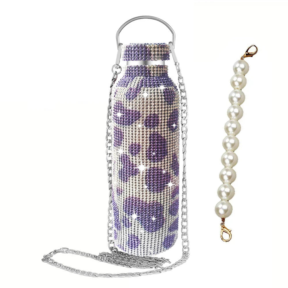 500/750/1000ml Diamond Thermos Bottle With 2pcs Chain Portable Rhinestone Water Bottle Double Wall Stainless Steel Thermal Flask