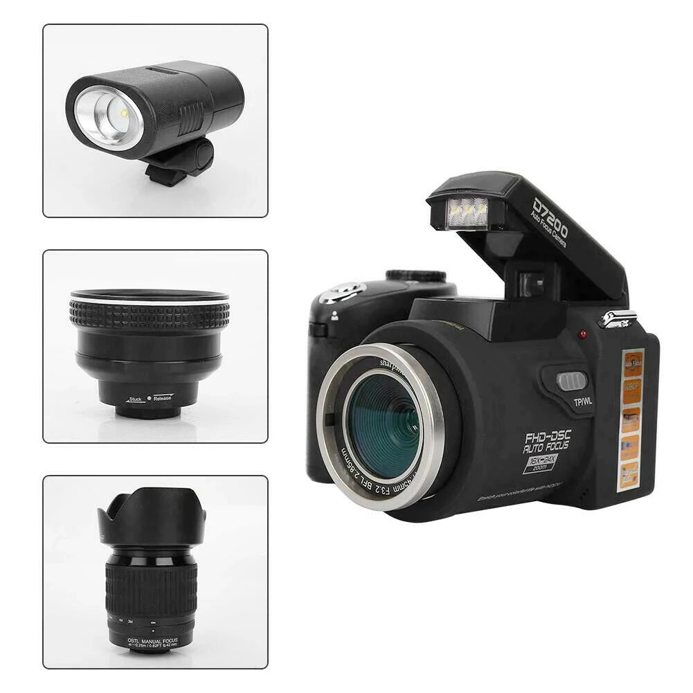 POLO D7200 HD Digital Camera 24X Telephoto Wide-angle Micro Single Lithium Battery Three Lens Outdoor video professional camera