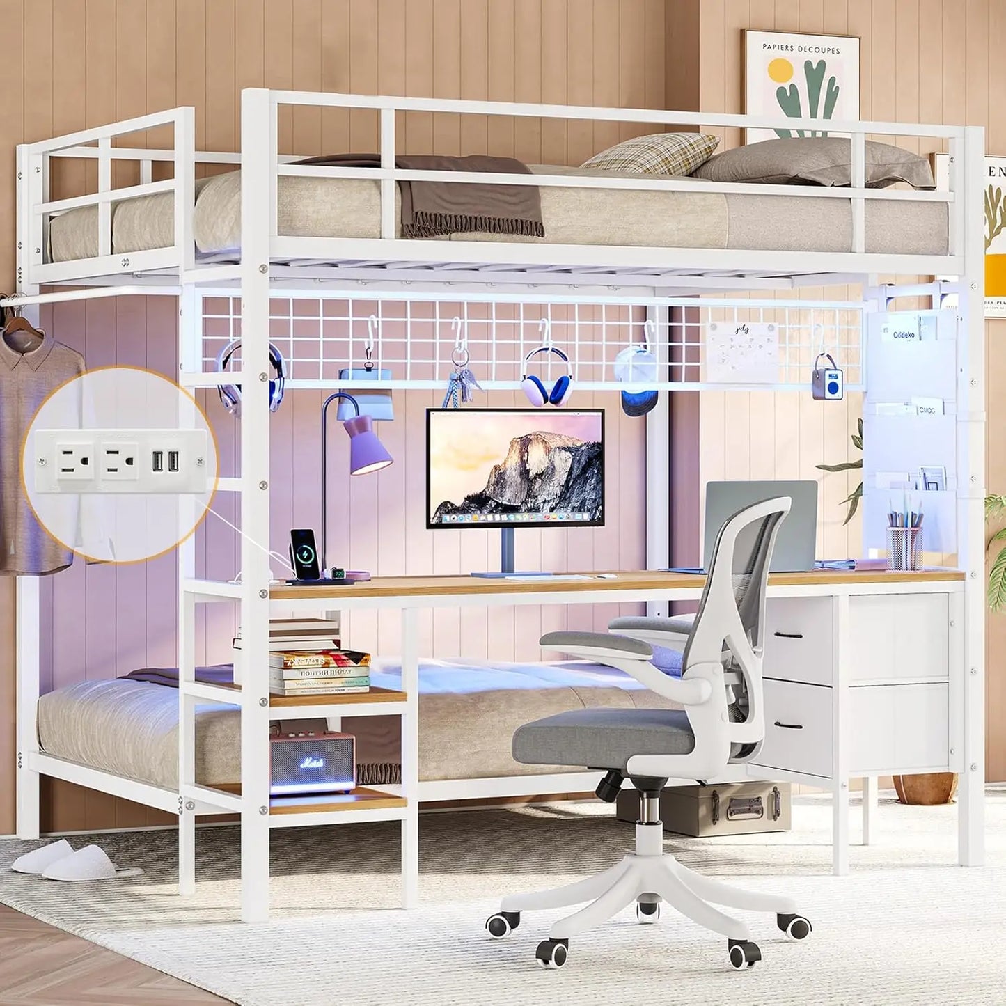 Full Size Double Bed with Desk and Charging Station with Led Light and Storage Rack, Safety Guard and Ladder