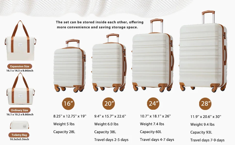 Luggage Set 4 Piece Luggage Set ABS hardshell TSA Lock Spinner Wheels Luggage Carry on Suitcase WHITE-BROWN, 6 piece set