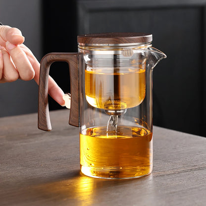 520ML/720ML Glass Teapot Water Separation Inner Container One Click Magnetic Switch Tea Filtration Tea Pot Wood Handle Cup Set