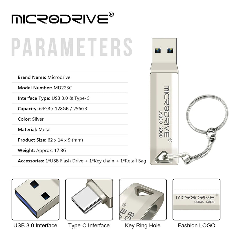 2 in 1 Usb 3.0 OTG USB-C Flash Pen Drive Metal Memory Stick flash Disk 64GB 128GB 256G USB3.0 Dual C Pendrive