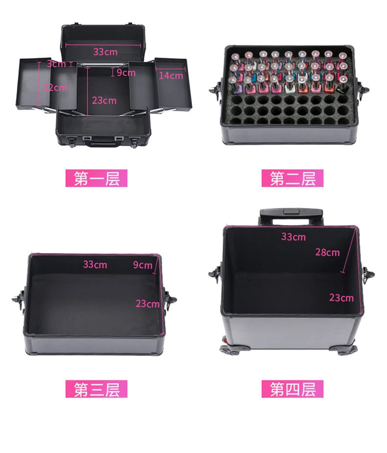 Professional 2/3/4 layers trolley makeup suitcase portable cosmetic trolley luggage box nail tattoo embroidery beauty toolbox