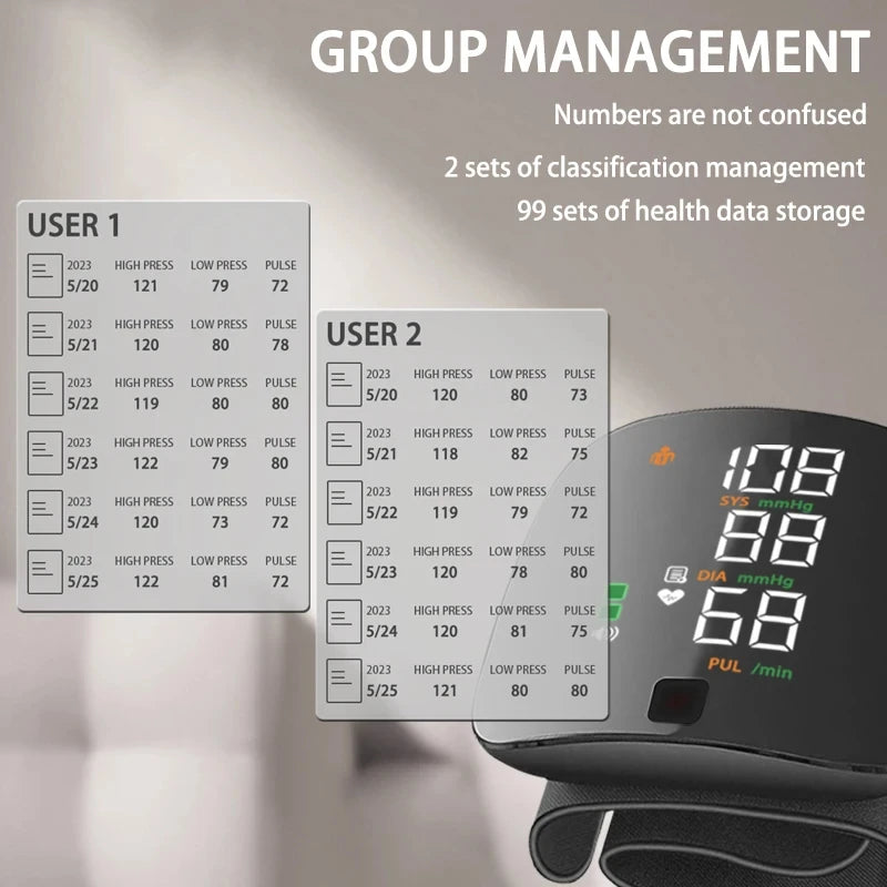 Wrist Type Blood Pressure Monitor LED Display Fast Measurement Digital Tensiometer BP Tonometer Heart Rate USB Rechargeable