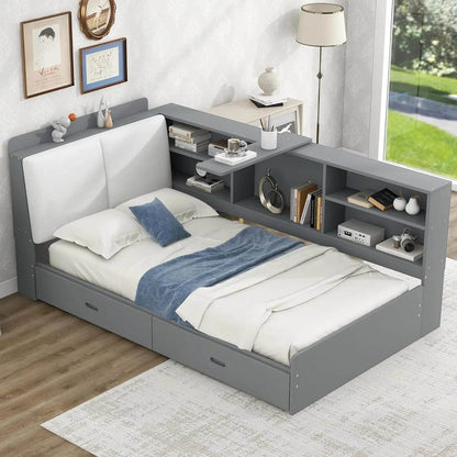 Playhouse.Twin Size L-Shaped Daybed with Upholstered Storage Headboard and Underneath Drawers,Captains Bed with Bookcase - MarvelouStoree