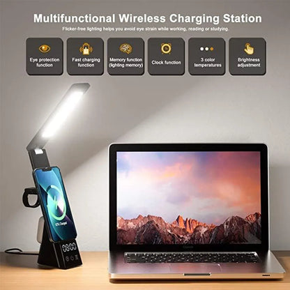 100W Alarm Clock Fast Wireless Charger Dimmable Desk Night Lamp Charging Station for IPhone 15 14 13 12 11 Pro Max Samsung S24U