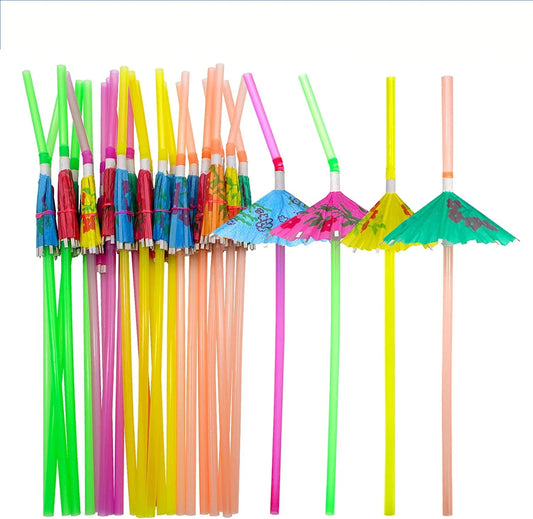 100 Pcs Disposable Straws Rainbow Umbrella Fruit Straws Table Decor Tropical Drinks for Cocktail Soft Drinks Hawaiian Party