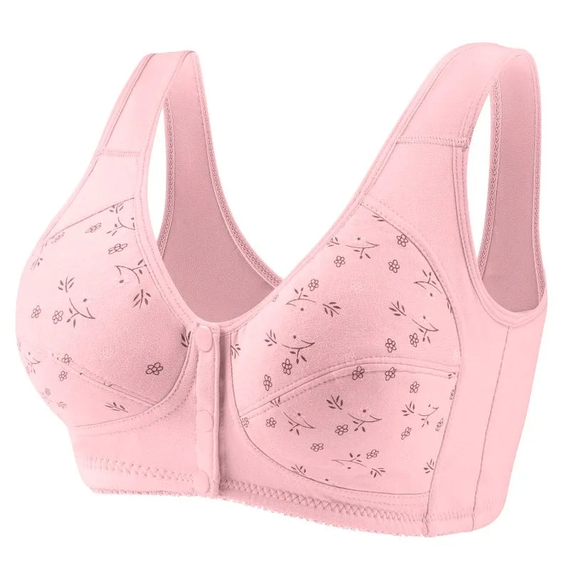 Women's Full Cotton Bras Front Closure Bra Printed Front Soft Cotton Middle-aged And Elderly Bras Plus Size Button Underwear