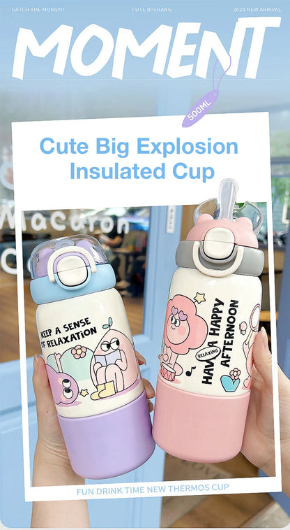 500ML Cartoon Kids Thermos Bottle Cute Children's Thermal Water Bottle 316 Stainless Steel Thermos Mug For Outdoor Water Cup ﻿