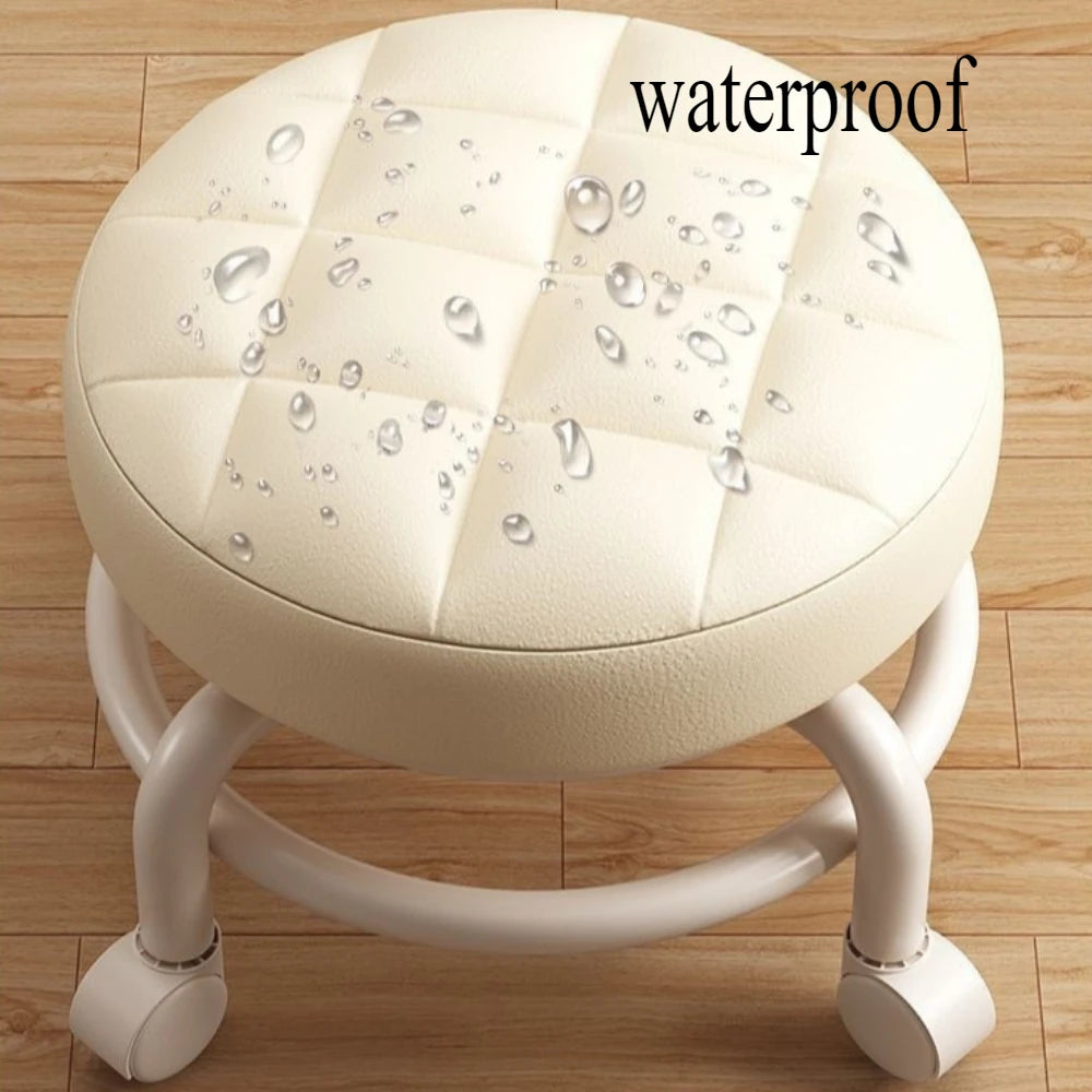 Low Stool with Wheels Waterproof Durable Leather Fabric Portable Small Round Stool Thickening Seat Cushion Simple Soft Stool