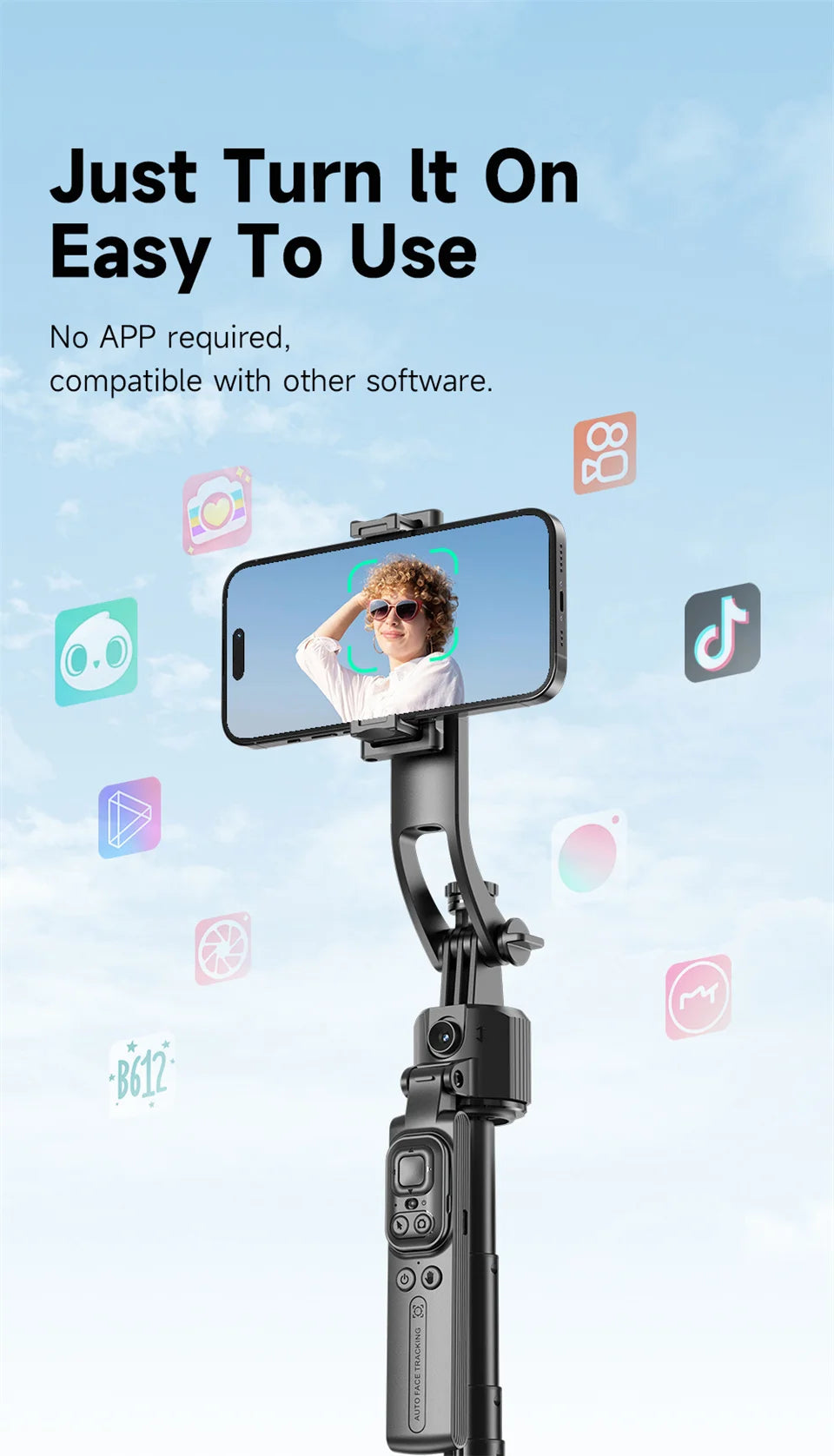 Selfie stick Tripod gimbal for Cell Phone 360°Auto-Rotation AI Tracking Stabilizer Shooting Quadrapod with Optional Fill Light