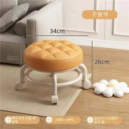 Low Stool with Wheels Waterproof Durable Leather Fabric Portable Small Round Stool Thickening Seat Cushion Simple Soft Stool