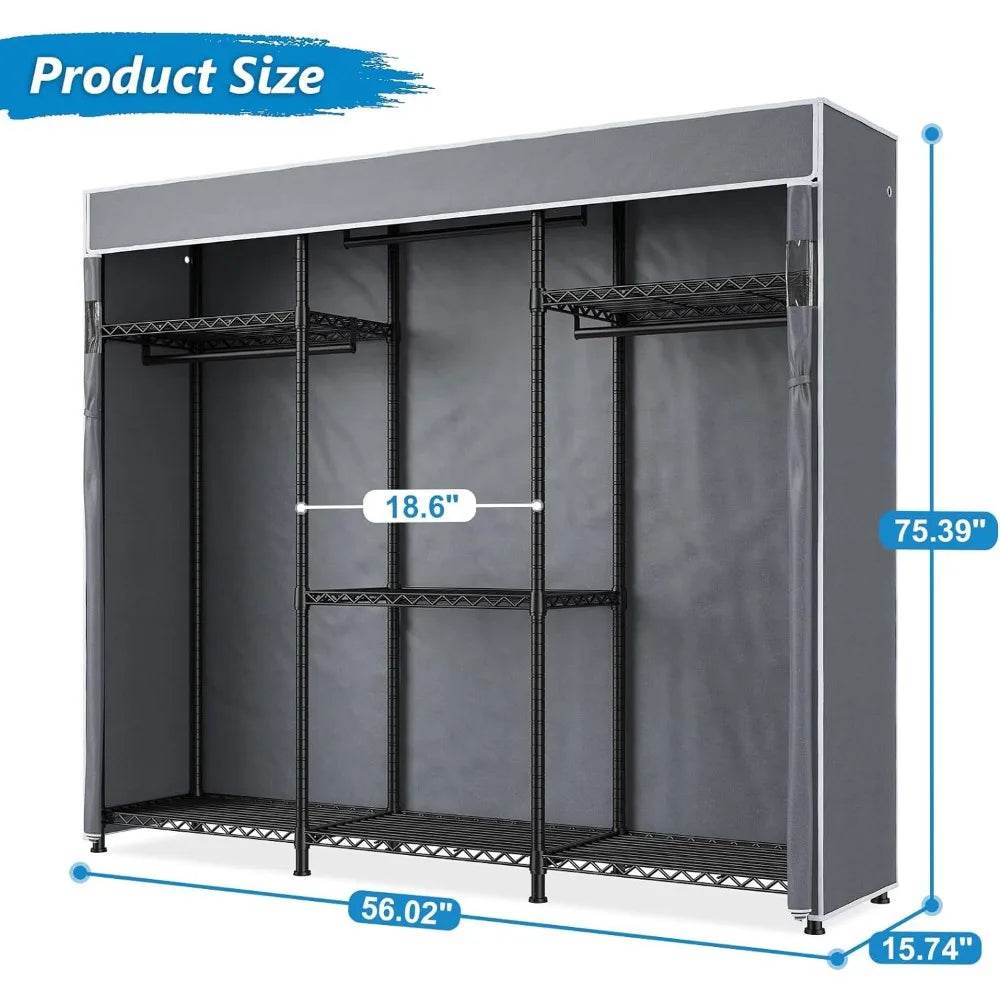 Heavy Duty Clothes Rack with Cover Loads 795 LBS Clothing Racks for Hanging Portable Freestanding Wadrobe Closet 56W*16D*75.5H - MarvelouStoree