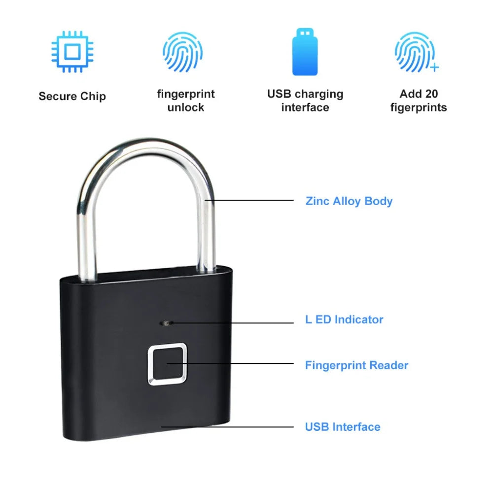 Keyless Smart USB Charging Fingerprint Lock Smart Padlock Waterproof Door Lock 0.3sec Unlock Portable Anti-theft Padlock Zinc