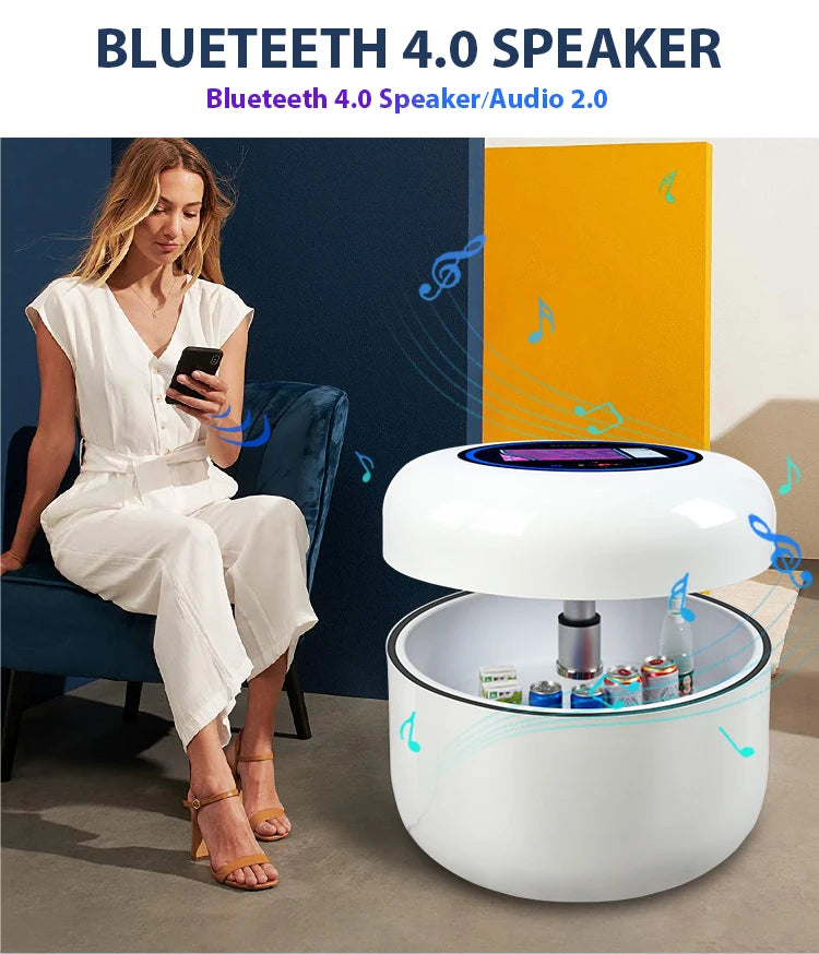 Dropshipping Round Shape Touch Screen Blue-tooth Speaker LED Light Lift Top Smart Coffee Table With Refrigerator For Balcony