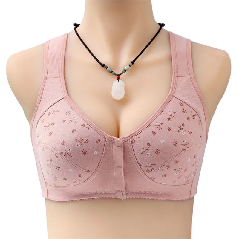 Women's Full Cotton Bras Front Closure Bra Printed Front Soft Cotton Middle-aged And Elderly Bras Plus Size Button Underwear