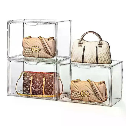 3 Pack Clear Acrylic Handbag Storage Organizer Case with Magnetic Door Stackable Dustproof Easy Assembly Closet Purse Display