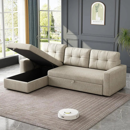 81.5" Sectional Sleeper Sofa with Storage Chaise, L Shaped Pull Out Couch Bed with 3 Removable Back Cushion for Living Room,Apar