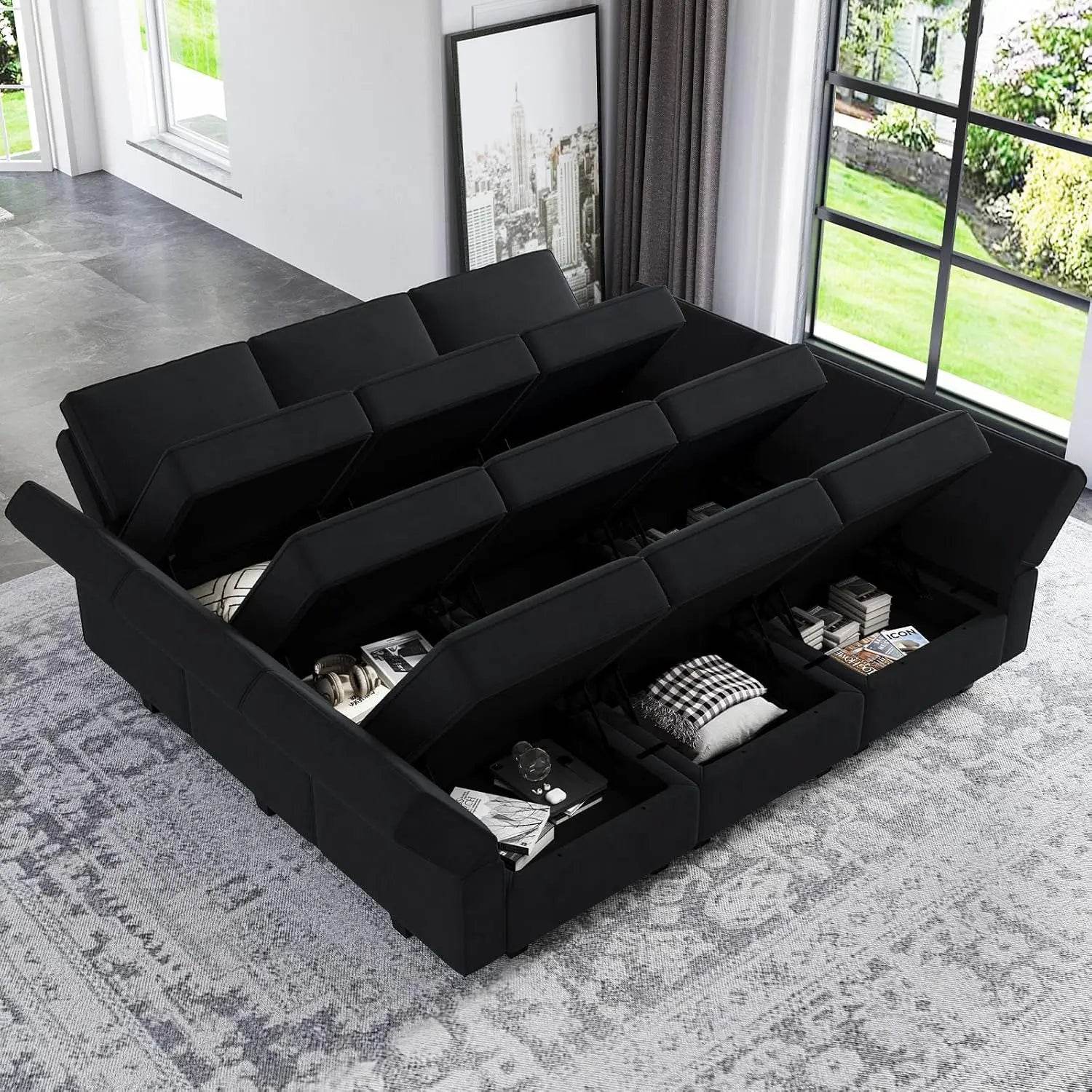 Modular Sectional Sofa with Ottomans Velvet Reversible Sleeper Chaise Bed Storage Seat Black Multi Function Modular Sofa - MarvelouStoree