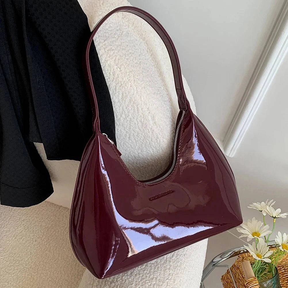 Designer Retro Wine Red Shoulder Bags for Women's Patent Leather Fashion Crescent Bag 2024 New French Small Handbag Ladies Totes