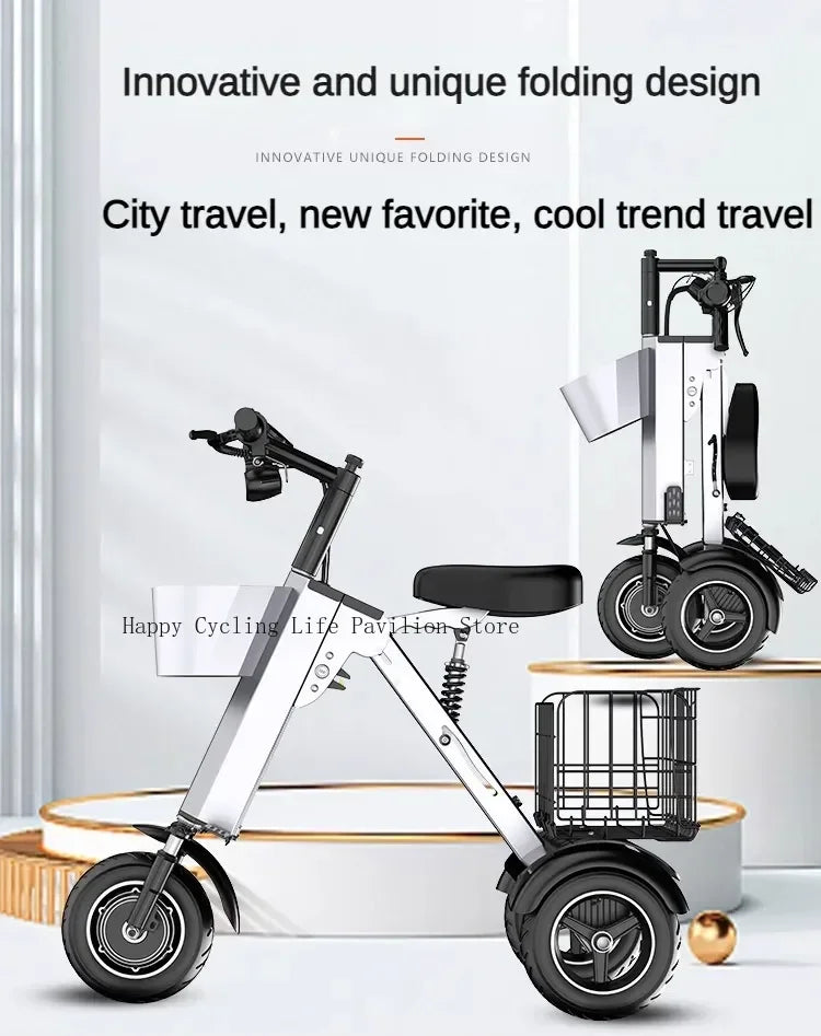 Folding Electric Tricycle With Removable Basket 48V 450W Mini Portable 3 Wheel Electric Scooter With Camping Trailer Support APP