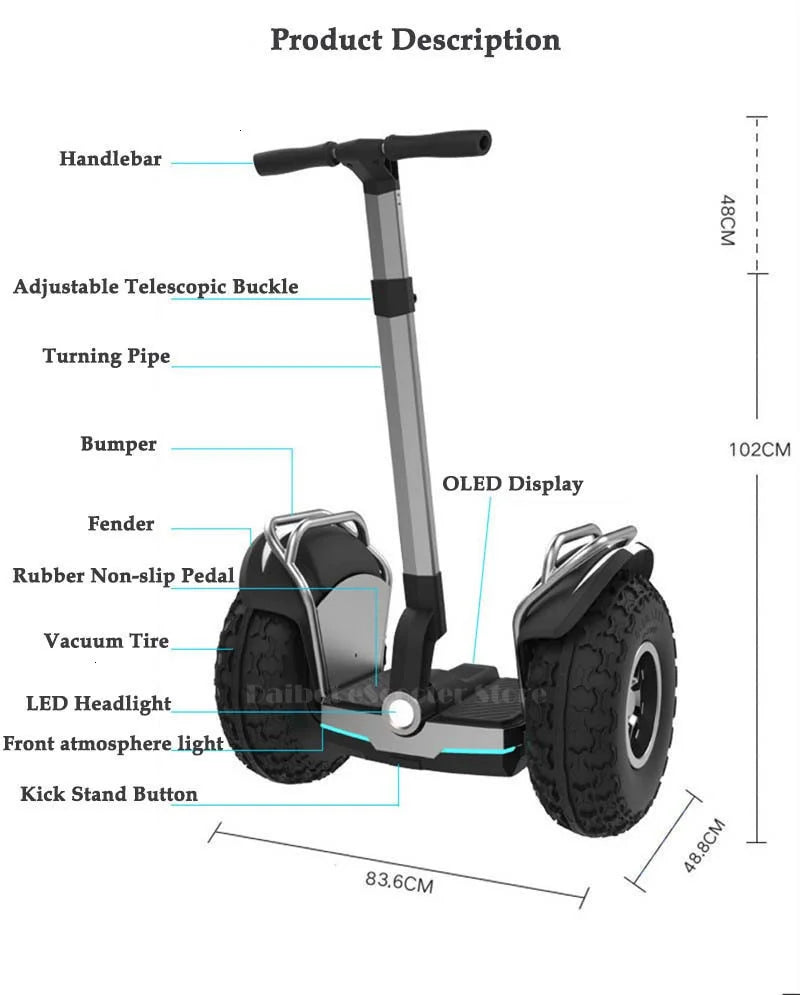 Daibot Powerful Electric Scooter 19 Inch Two Wheesl Self Balancing Scooters Off Road Hoverboard Skateboard For Adults Big Wheel