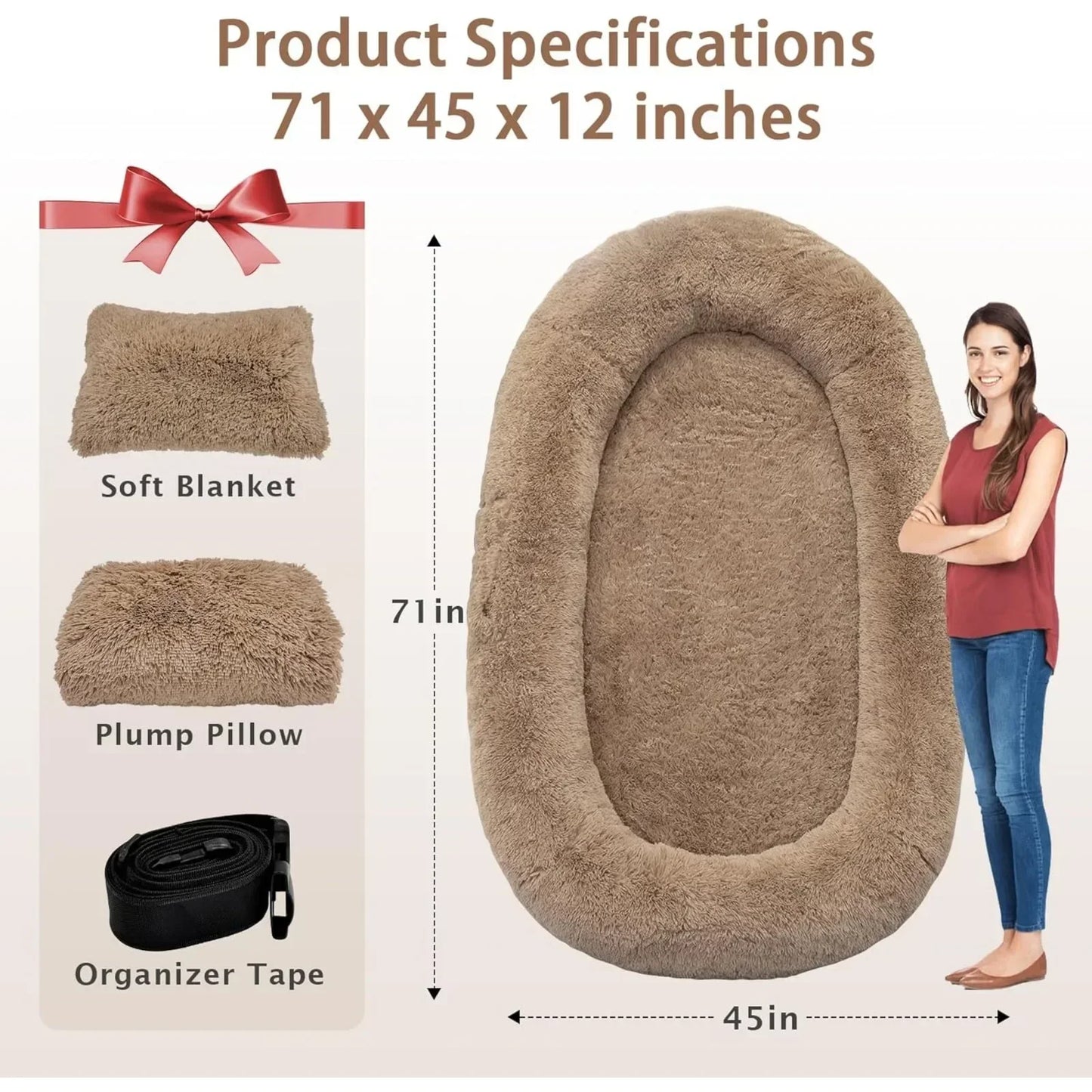 US Human Dog Bed, 71''x45''x12'' Size Fits Adult and Pet Washable Giant People Dog Bed 10 CM Thick Memory Foam Large Oversize