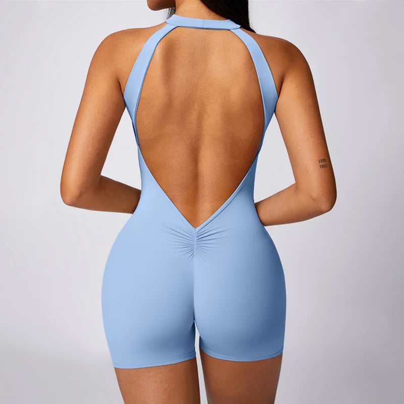 Backless Jumpsuits Zipper Sports Bodysuits Women Yoga Sets Sportswear Fitness Overalls One Piece Suit Workout Playsuit Female