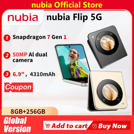 Global Version Nubia Flip 6.9" Snapdragon 7 Gen 1 4310mAh battery 33W charging Pocket-sized foldable mobile phone UAE MEX ship