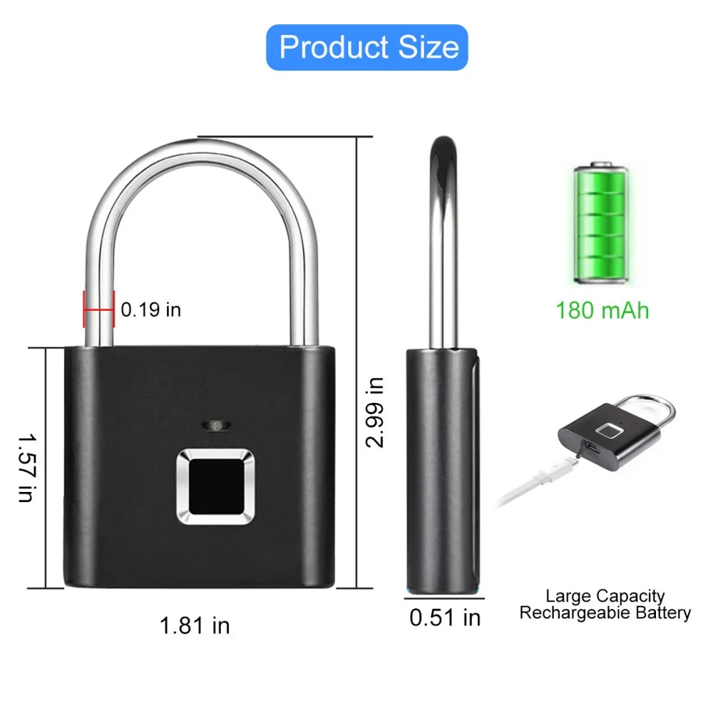 Keyless Smart USB Charging Fingerprint Lock Smart Padlock Waterproof Door Lock 0.3sec Unlock Portable Anti-theft Padlock Zinc