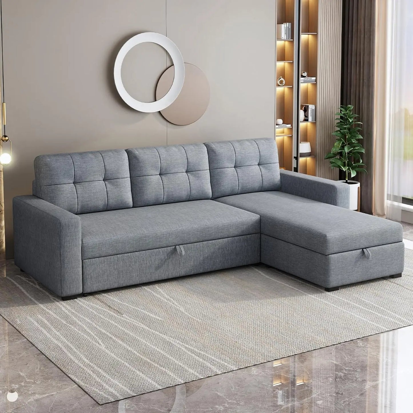 81.5" Sectional Sleeper Sofa with Storage Chaise, L Shaped Pull Out Couch Bed with 3 Removable Back Cushion for Living Room,Apar