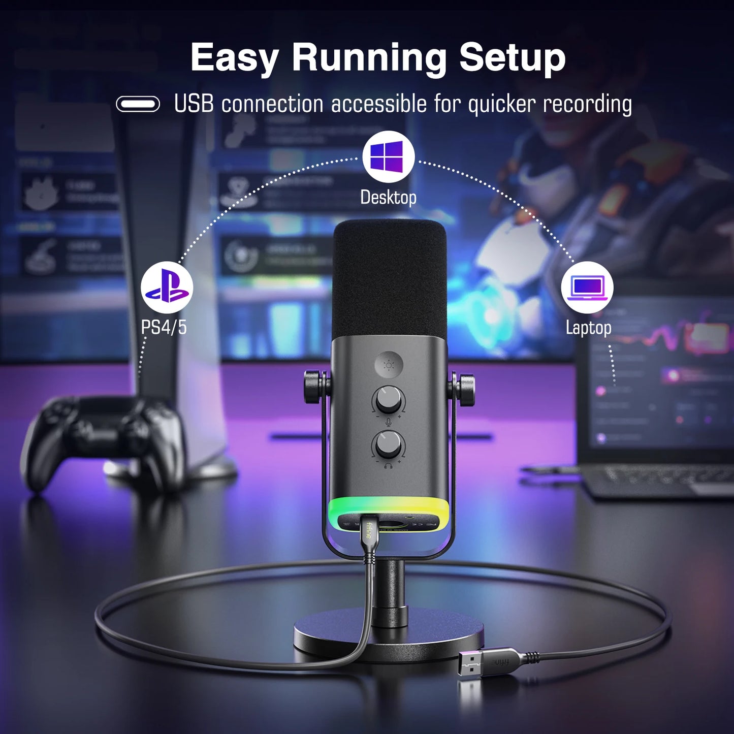 FIFINE USB/XLR Dynamic Microphone with RGB Control/Headphone jack/Mute,MIC for PC Gaming Recording Streaming AmpliGame-AM8