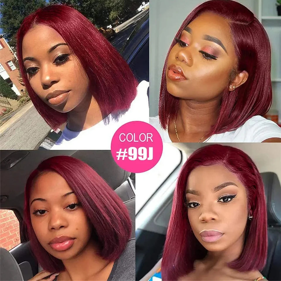 99J Burgundy Straight Bob Wigs Wear and Go Glueless Wigs 13x4 Lace Front Human Hair Wigs Pre Cut No Glue For Women Red Colored