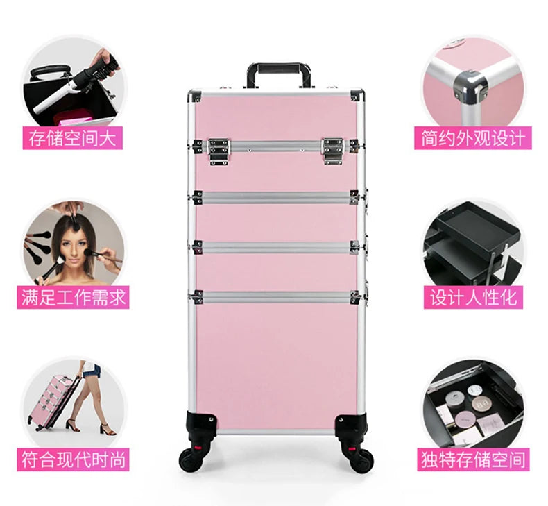 Professional 2/3/4 layers trolley makeup suitcase portable cosmetic trolley luggage box nail tattoo embroidery beauty toolbox