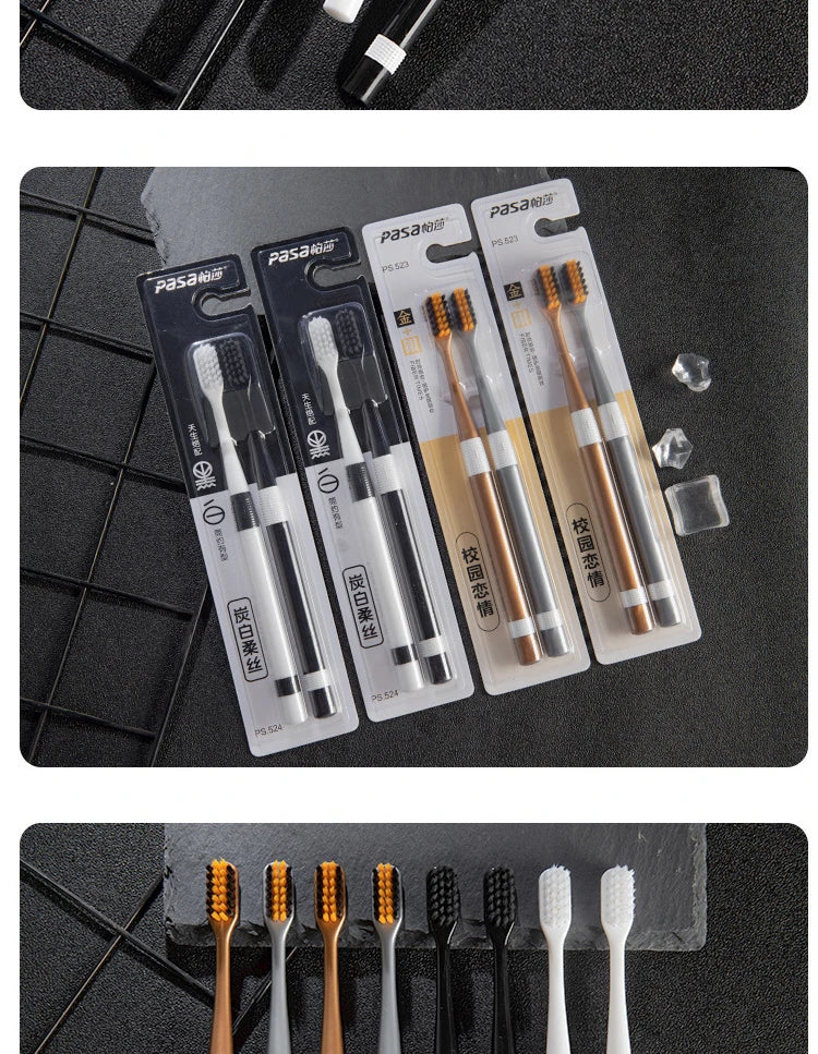 2 Sets Of Bamboo Charcoal Toothbrushes Ultra-Fine Soft Bristle Cleaning, Family Outfit Couple Adult Fine Bristle Toothbrush Set