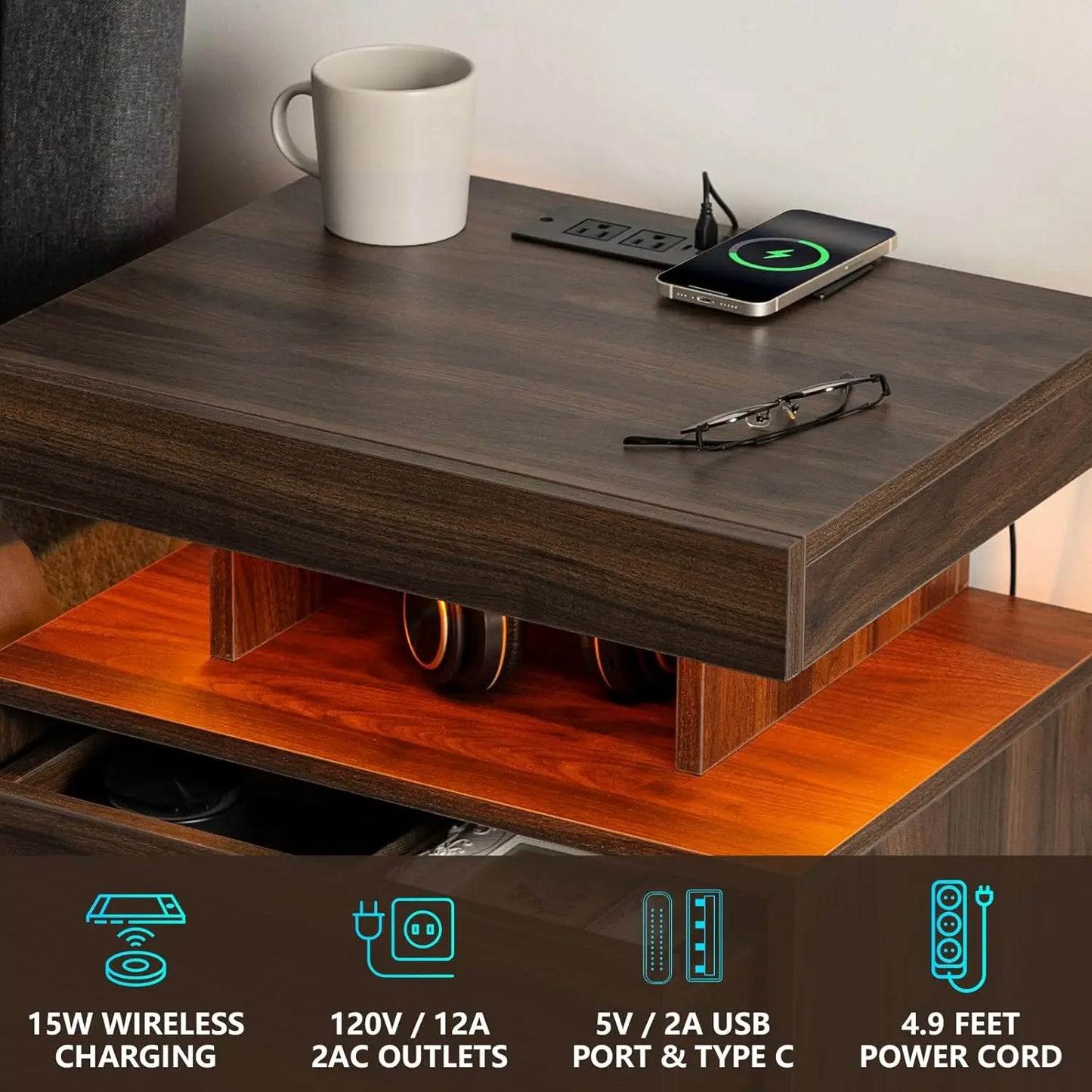 Set of 2 LED Nightstand with Wireless Charging Station Dark Walnut Mid Century Wood Bedside Table Led Light Smart Nightstand